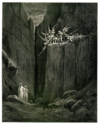 Die Hölle (Die göttliche Komödie) von Dante Alighieri, illustriert von Gustave Doré. Ausgabe Hachette 1861. Französische Übersetzung von Pier-Angelo Fiorentino. Dante und Virgil gegenüber den Dämonen: Kaum hatten seine Füße den Grund erreicht - Des Bodens  von Gustave Dore
