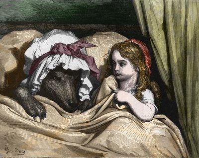 Rotkäppchen und der Wolf mögen die Großmutter nicht. Illustration von Gustave Doré von Gustave Dore