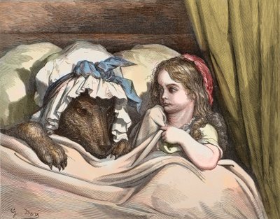 Rotkäppchen und der Wolf mögen Großmutter nicht. Illustration aus „Die Märchen“ von Charles Perrault (1628-1703) von Gustave Doré (1832-1883) 1867 von Gustave Dore