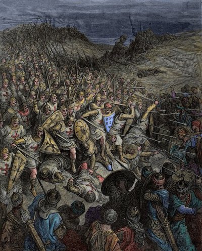 Mittelalter: Erster Kreuzzug. Godefroy de Bouillon besiegt die muslimischen Kräfte (Türken des Sultanats von Rum) von Sultan Kilij Arslan in Dorylaeum in Kleinasien von Gustave Dore