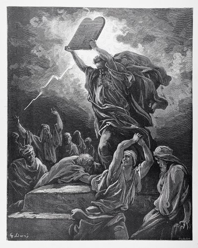 Moses zerbricht die Gesetzestafeln, graviert von Hotelin, ca. 1868 von Gustave Dore