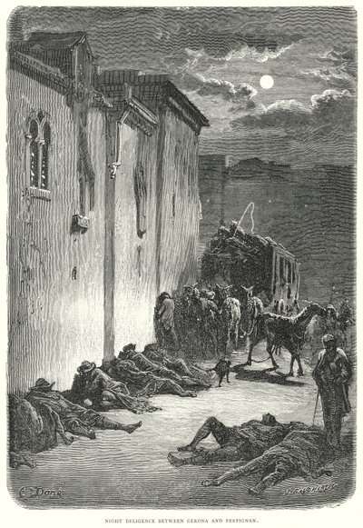 Nachtkutsche zwischen Gerona und Perpignan (Gravur) von Gustave Dore