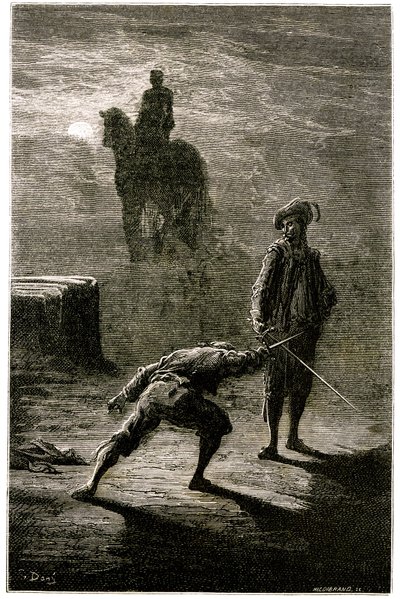 Nachtduell im Mondlicht zwischen Baron de Sigognac und Jacquemin Lampourde, unter der Reiterstatue des Königs aus Bronze. Stich von Gustave Doré, der Théophile Gautiers Roman „Der Kapitän Fracasse“ illustriert, Charpentier-Ausgabe 1863 von Gustave Dore