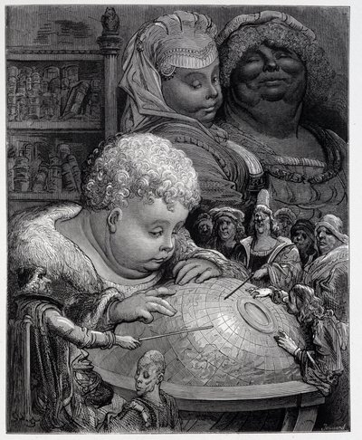 Pantagruel folgt einem Geografiekurs - in „Gargantua“ von Rabelais, ill. Gustave Doré von Gustave Dore