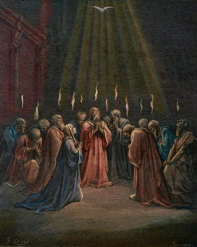 Pfingsten - Pfingsten (Kommen des Heiligen Geistes) - Pfingsten, der Abstieg des Heiligen Geistes, Gravur von Gustave Doré (1832-1883) - spätere Kolorierung von Gustave Dore