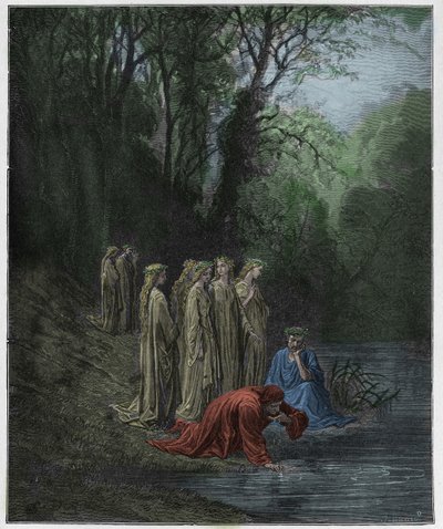 Purgatorio, Gesang 33: Dante trinkt vom Fluss Eunoe, Illustration aus "Die Göttliche Komödie" von Dante Alighieri, 1885 von Gustave Dore