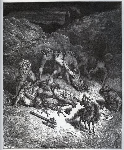 Erzählung der Taten von Felix-Mars von Hyrcania - aus „Don Quijote von der Mancha“ von Miguel Cervantes (1547-1616) - Holzschnitt nach einer Zeichnung von Gustave Doré von Gustave Dore