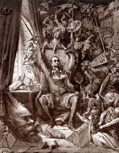 Darstellung von Don Quixote in seiner Bibliothek, umgeben von den Kreaturen seiner Bücher, Gravur von Gustave Doré (1832-1883) für „L