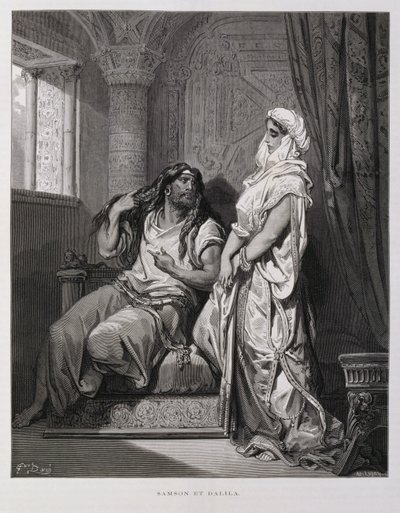 Simson und Delila, Kapitel 16 des Buches der Richter im Alten Testament, Illustration aus der Dore-Bibel von Gustave Dore