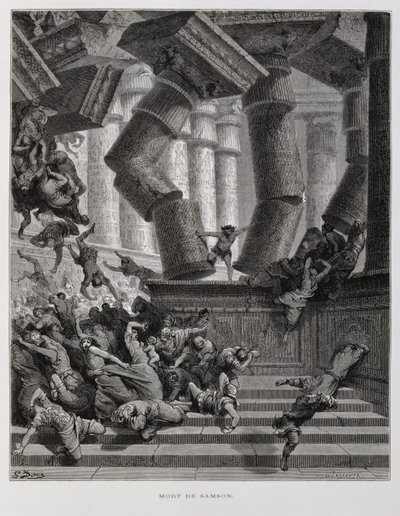 Samson zerstört den Tempel des Baal, Illustration aus der Dore-Bibel von Gustave Dore