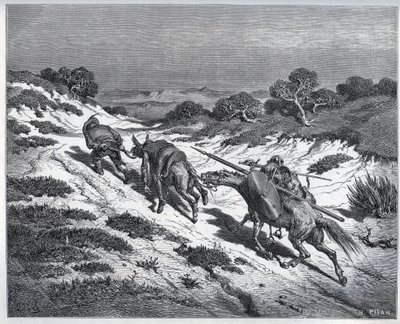 Sancho Panza, Don Quijote und ihre Reittiere nach ihrer Niederlage gegen die Yangers - aus „Don Quijote de la Mancha“ von Miguel Cervantes (1547-1616) (Don Quijote) - Holzschnitt nach einer Zeichnung von Gustave Dore. von Gustave Dore
