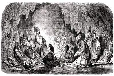 Sindbad der Seefahrer - Märchen aus Tausendundeiner Nacht - Illustration von Gustave Doré - Maxwell-Ausgabe 1865 - Erste Reise: Sindbad, von seinen Gefährten mitten im Meer verlassen, erreicht eine Insel und trifft in einer Höhle den Palefrenie von Gustave Dore