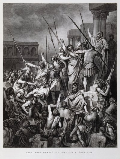 St. Paulus wird von den Juden Jerusalems angegriffen, Illustration aus der Dore-Bibel von Gustave Dore