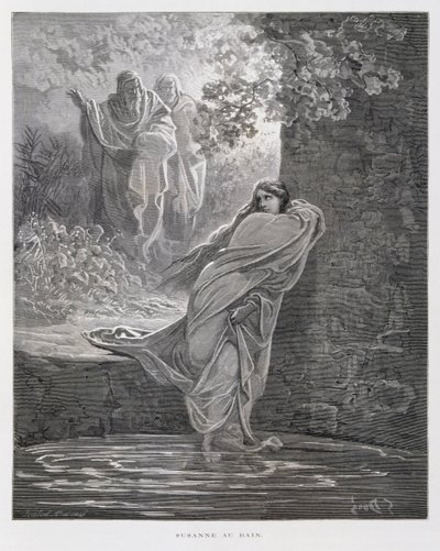 Susanna im Bade (Dan. 13:1-26), Illustration aus der Dore-Bibel von Gustave Dore