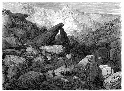 Der Chaospfad, der zum Cirque de Gavarnie führt: Gravur von Gustave Doré, die das Buch „Reise in die Pyrenäen von Hippolyte Taine“ illustriert, Hachette 1860. von Gustave Dore
