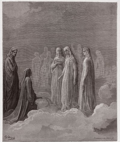 Die Göttliche Komödie (La Divina Commedia), Paradiso, Gesang 3: Das erste Reich: Piccarda Donati und die Seelen, deren Gelübde gebrochen wurden - von Dante Alighieri - Illustration von Gustave Dore von Gustave Dore