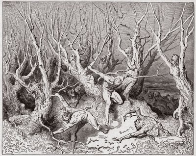 Die Göttliche Komödie (La Divina Commedia, La Divine Comedie), Inferno, Gesang 13: Die Selbstmörder fliehen den Wald - von Dante Alighieri (1265-1321) - Illustration von Gustave Dore (1832-1883) von Gustave Dore