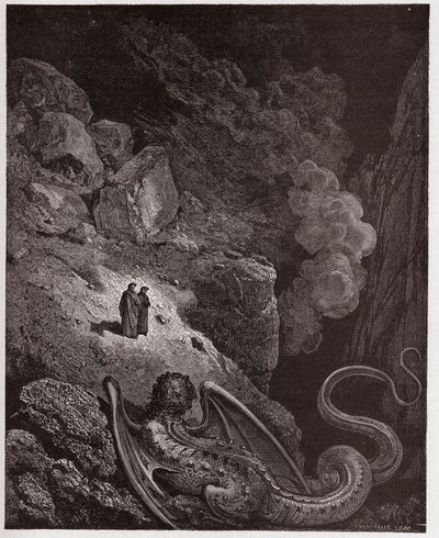 Die Göttliche Komödie, Inferno, Gesang 17: Geryon, Symbol des Betrugs (Illustration von Gustave Doré) von Gustave Dore