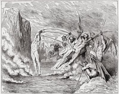 Die Göttliche Komödie, Inferno, Gesang 21: Teufel quälen die Barratoren (Illustration von Gustave Doré) von Gustave Dore