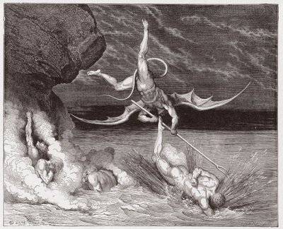 Die Göttliche Komödie, Inferno, Gesang 22: Ciampolo entkommt dem Dämon Alichino in der fünften Bolgia - von Dante Alighieri (1265-1321) - Illustration von Gustave Doré (1832-1883) von Gustave Dore