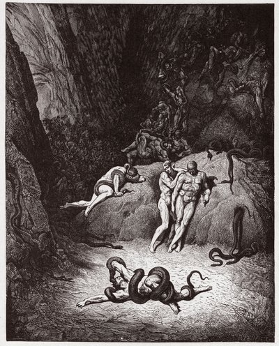 Die Göttliche Komödie, Inferno, Gesang 25: Agnello verwandelt sich in eine Schlange - von Dante Alighieri (1265-1321) - Illustration von Gustave Doré (1832-1883) von Gustave Dore