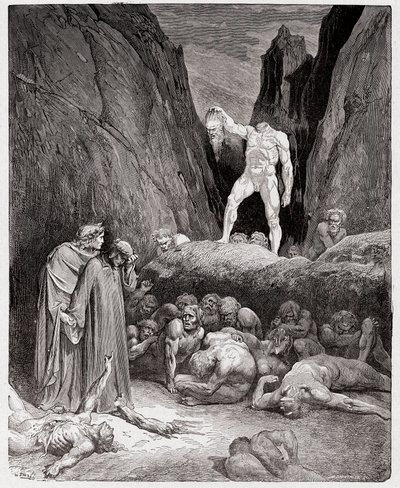 Die Göttliche Komödie, Inferno, Gesang 28: Der abgetrennte Kopf von Bertrand de Born spricht zu Dante - von Dante Alighieri (1265-1321) - Illustration von Gustave Doré (1832-1883) von Gustave Dore