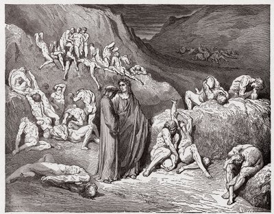 Die Göttliche Komödie, Inferno, Gesang 29: Die Fälscher und Fälscher werden mit Juckreiz gequält (Illustration von Gustave Doré) von Gustave Dore