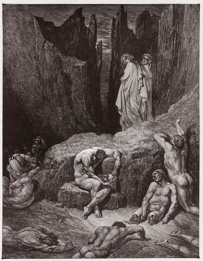 Die Göttliche Komödie, Inferno, Gesang 29: Virgil tadelt Dantes Neugier (Illustration von Gustave Doré) von Gustave Dore