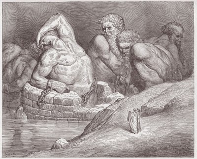 Die Göttliche Komödie, Inferno, Gesang 31: Ephialtes in Fesseln unter den Riesen - von Dante Alighieri (1265-1321) - Illustration von Gustave Doré (1832-1883) von Gustave Dore