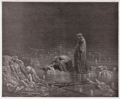 Die Göttliche Komödie, Inferno, Gesang 32: Dante spricht den Verräter Bocca degli Abati an - von Dante Alighieri (1265-1321) - Illustration von Gustave Doré (1832-1883) von Gustave Dore