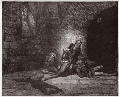 Die Göttliche Komödie, Inferno, Gesang 33: Gaddo stirbt vor den Augen seines Vaters (Illustration von Gustave Doré) von Gustave Dore