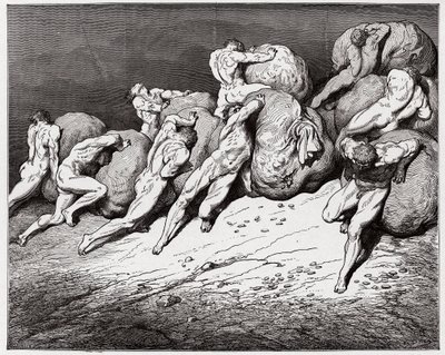 Die Göttliche Komödie, Inferno, Gesang 7: Die Seelen der Geizigen und Verschwender müssen schwere Steine rollen (Illustration von Gustave Doré) von Gustave Dore