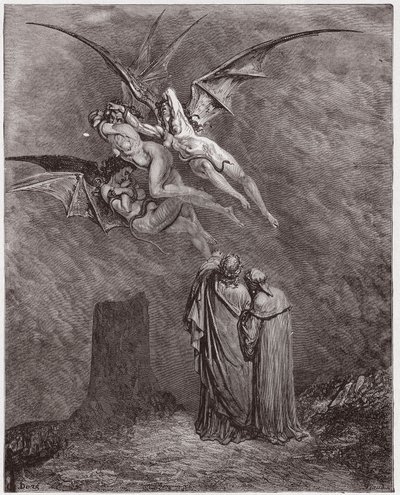 Die Göttliche Komödie (La Divina Commedia, La Divine Comedie), Inferno, Gesang 9: Die abscheulichen Erinyes: Megaera, Tisphone, Alecto - von Dante Alighieri (1265-1321) - Illustration von Gustave Dore (1832-1883) von Gustave Dore