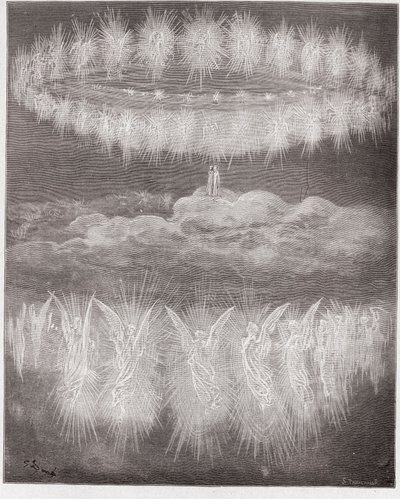Die Göttliche Komödie (La Divina Commedia), Paradiso, Gesang 12: Die Ringe der verherrlichten Seelen in der Sonne - von Dante Alighieri - Illustration von Gustave Dore von Gustave Dore