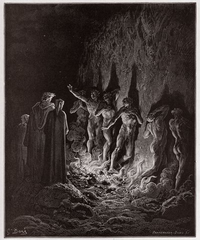 Die Göttliche Komödie, Purgatorio, Gesang 25: Die Lüsternen gehen durch das Feuer im siebten Kreis - von Dante Alighieri (1265-1321) - Illustration von Gustave Doré (1832-1883) von Gustave Dore