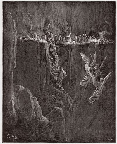 Die Göttliche Komödie, Purgatorio, Gesang 25: Virgil und Dante steigen durch Flammen in den siebten Kreis auf - von Dante Alighieri (1265-1321) - Illustration von Gustave Doré (1832-1883) von Gustave Dore