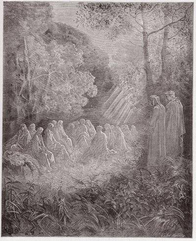 Die Göttliche Komödie, Purgatorio, Gesang 7: Die Geister singen Salve Regina im Tal (Illustration von Gustave Doré) von Gustave Dore