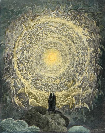 Die Göttliche Komödie, Paradiso, Gesang 31: Die heilige Schar bildet eine Rose im Empyreum (rose celeste) - von Dante Alighieri (1265-1321) von Gustave Dore