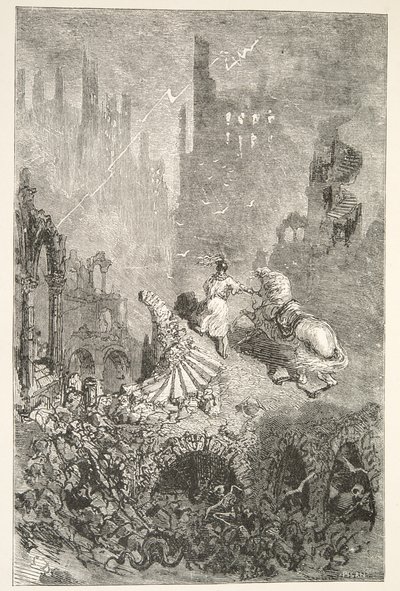 Der Untergang von König Pellams Schloss, aus Geschichten der Tage von König Artus von Charles Henry Hanson, veröffentlicht 1898 von Gustave Dore