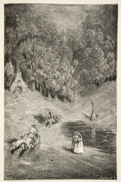 Das Aufeinandertreffen zwischen Artus und Pellinore, aus Geschichten der Tage von König Artus von Charles Henry Hanson, veröffentlicht 1898 von Gustave Dore
