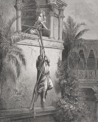 Die Flucht Davids durch das Fenster, Illustration aus Dore