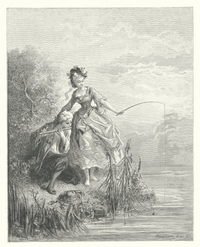 Die Fabeln von La Fontaine: Der Fisch und der Hirte, der auf der Klarinette spielte (Gravur) von Gustave Dore
