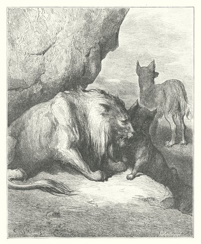 Die Fabeln von La Fontaine: Der Löwe, der Wolf und der Fuchs (Gravur) von Gustave Dore