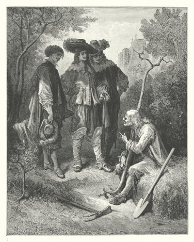 Die Fabeln von La Fontaine: Der alte Mann und die drei jungen Männer (Gravur) von Gustave Dore