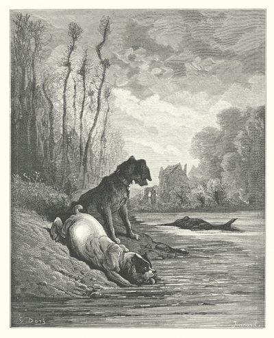 Die Fabeln von La Fontaine: Die zwei Hunde und der tote Esel (Gravur) von Gustave Dore