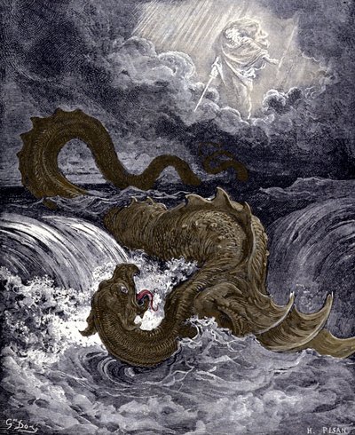 Der Leviathan, Seeungeheuer, das der Seeschlange in der Bibel ähnelt. Illustrationen der Bibel von Gustave Doré. Gravur des 19. Jahrhunderts. von Gustave Dore