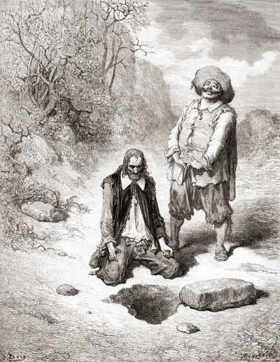 Der Geizhals, der seinen Schatz verlor, aus einer späten 19. Jahrhundert Ausgabe von Fables de La Fontaine von Gustave Dore