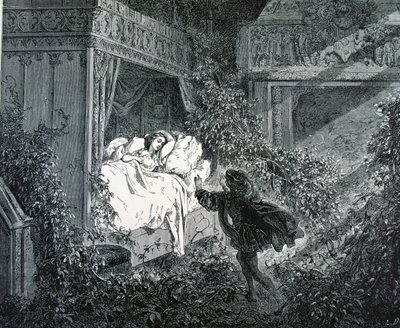 Der Prinz betritt das Schlafzimmer der Prinzessin im verzauberten Schloss, Illustration für 