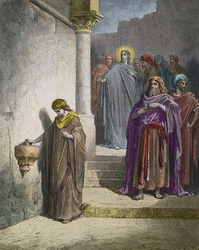 Das Scherflein der Witwe - Gravur von Gustave Doré - spätere Kolorierung von Gustave Dore