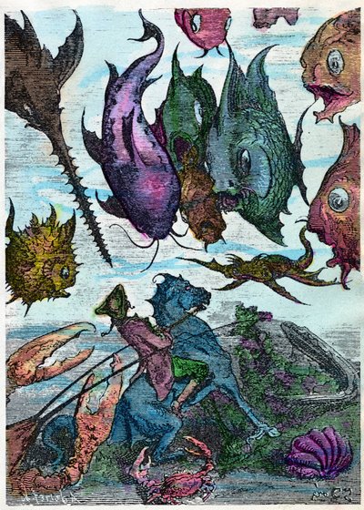 Der Baron auf seinem Pferd überquert Fische auf dem Meeresgrund. Szene aus „Die Abenteuer des Baron von Münchhausen“ von Rudolph Erich Raspe, Illustration von Gustave Doré. von Gustave Dore